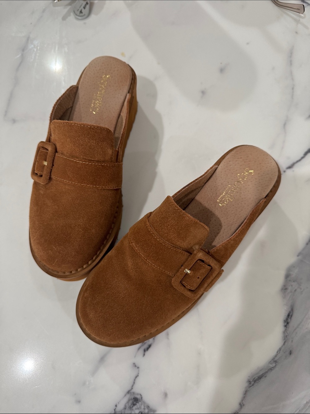 Seychelles Chestnut Suede Buckle Mules